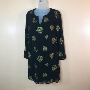 CAbi Swiss Dot Black Gold Flowers Floral Lined Dress Long Sleeve Women XS